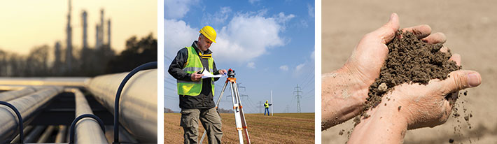 Collage of three images consisting of pipes at an upgrader, two land surveyors, hands holding soil